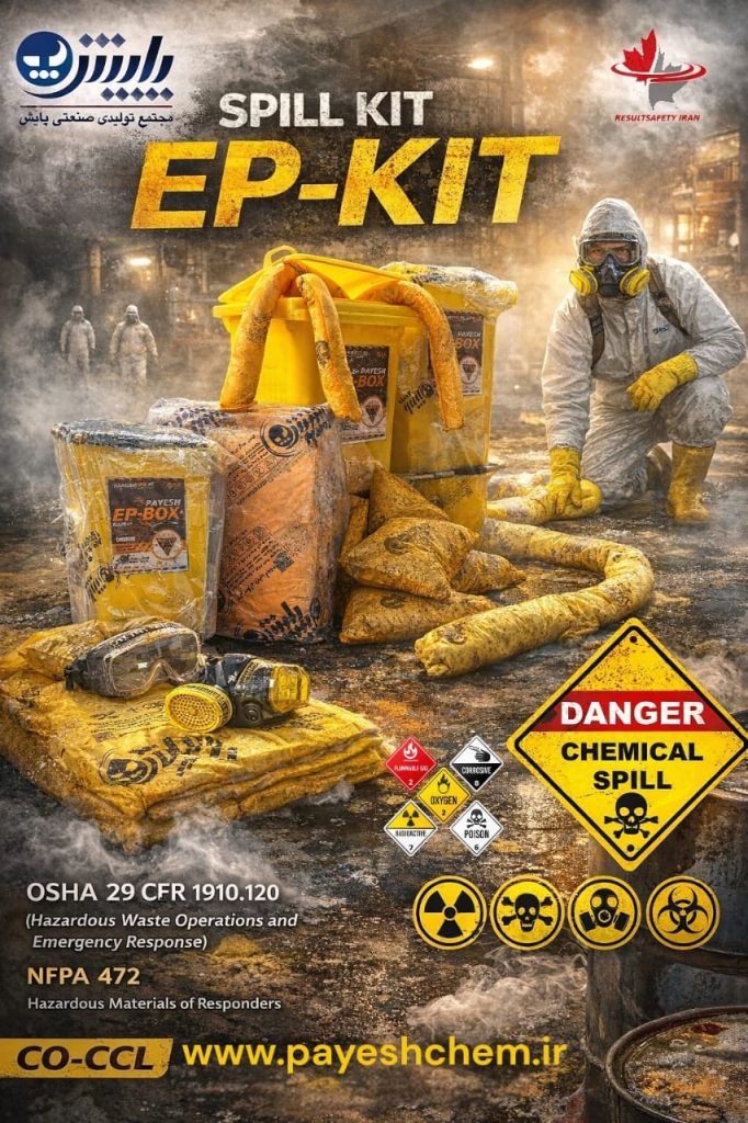 اسپیل کیت صنعتی برای جذب مواد شیمیایی خطرناک تعریف تخصصی اسپیل کیت شیمیایی صنعتی یک بسته اضطراری مطابق با الزامات Hazmat/CBRN است که برای مدیریت نشت مواد خورنده، سمی و واکنشزا طراحی میشود. این کیتها بر اساس استانداردهای بینالمللی مانند NFPA 1992، EN 374، ISO 16602 و دستورالعملهای OSHA 1910.120 تولید و دستهبندی میشوند.
