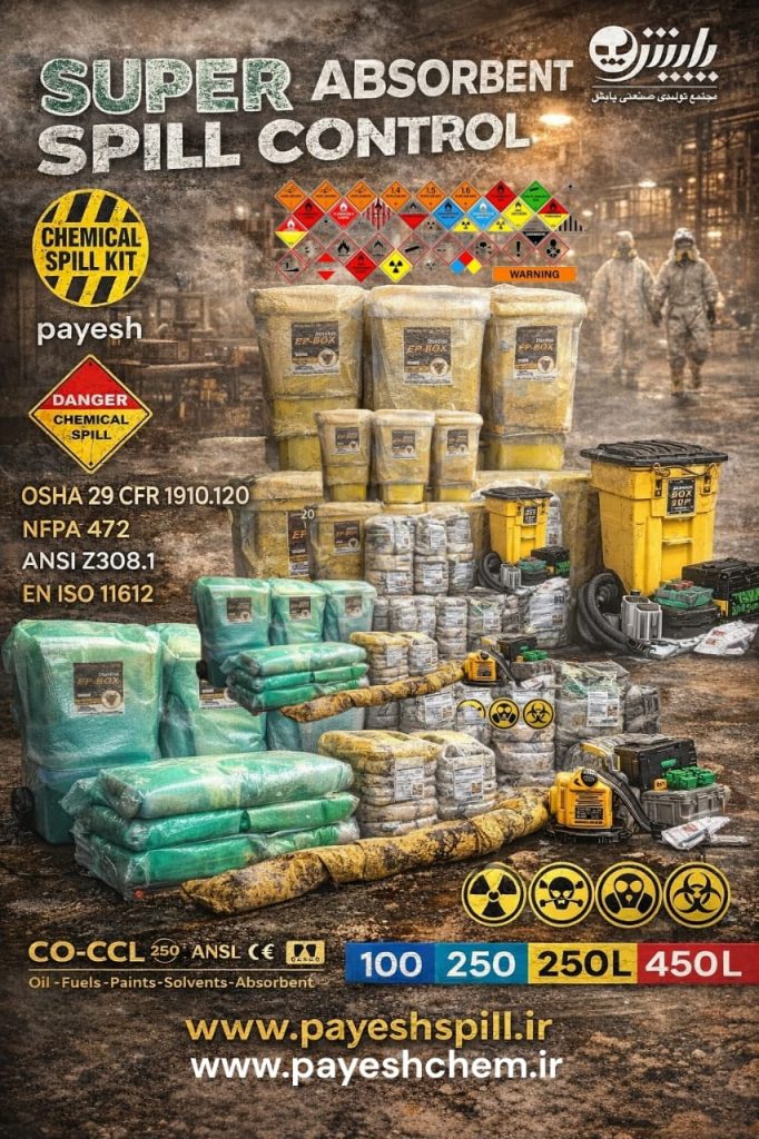 اسپیل کیت صنعتی جذب اسید و باز مطابق استاندارد OSHA کیف اسپیل کیت قابل حمل برای کنترل نشت مواد شیمیایی ست کامل اسپیل کیت شامل جاذب مقاوم و PPE تخصصی اسپیل کیت نفتی و شیمیایی برای صنایع پتروشیمی جعبه اسپیل کیت اضطراری با تجهیزات دفع ایمن